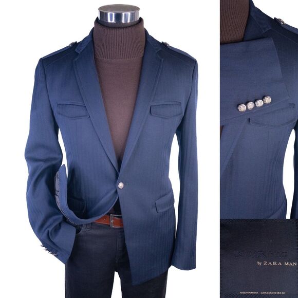 Other - Zara Bazer Mens Sz 42 Herringbone Blue Silver Buttons Sport Coat Jacket Blazer